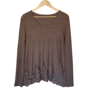 Garnet Hill Brown 100% Linen Lace Trim Long Sleeve Top Womens L Boho Romantic